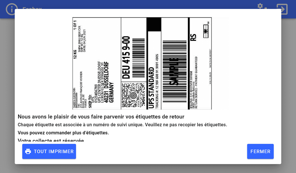 Application Ecobox - Ecran étiquette à imprimer Ecran configuration Ecobox étiquette de retour à imprimer