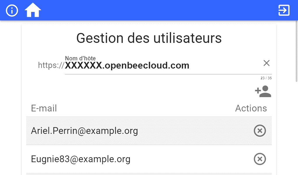 Application Open Bee Connect - Ecran gestion des utilisateurs Ecran de configuration Open Bee gestion des utilisateurs