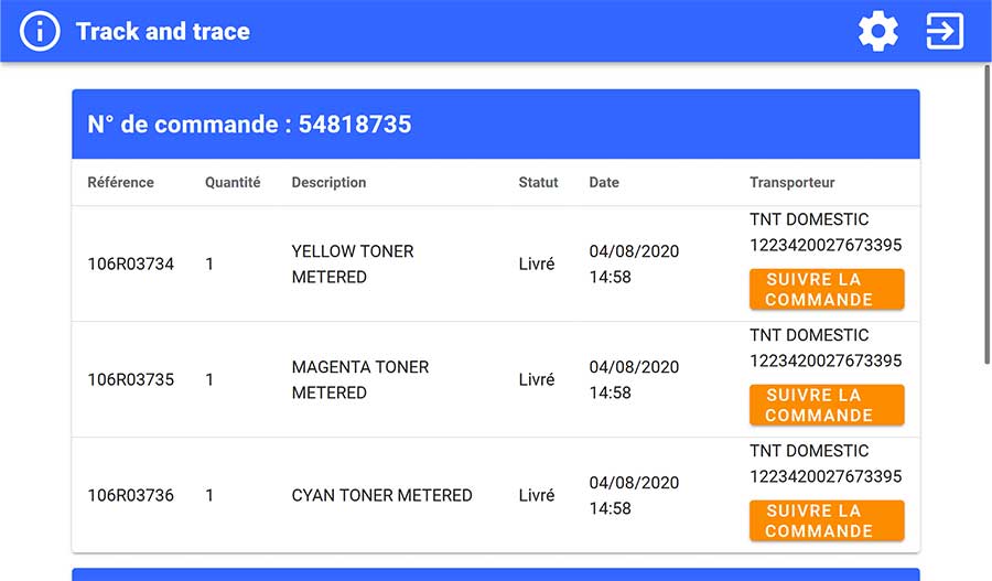 Application Track & Trace - Ecran commande Ecran de configuration Track & Trace N° de commande
